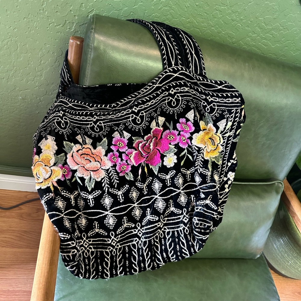 Johnny Was Black Tote with Floral Embroidery